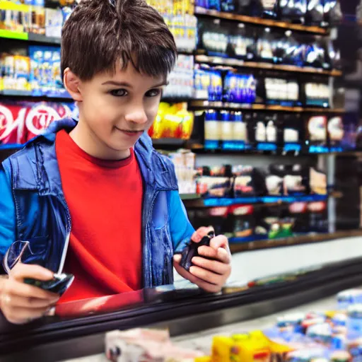 Prompt: cyberpunk young boy buying coke at the shop. 8 k, hd, portrait.