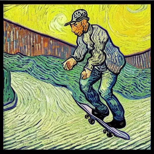 Image similar to Van Gogh skateboarding in the style of Van Gogh