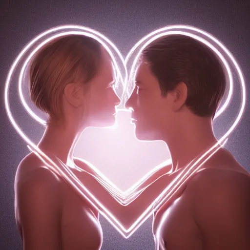 Image similar to perfectly centered symmetrical balanced male and female portrait of man and woman in love sharing one heart. art by santiago calatrava, high coherence ; 3 d render 8 k octane ultra hd