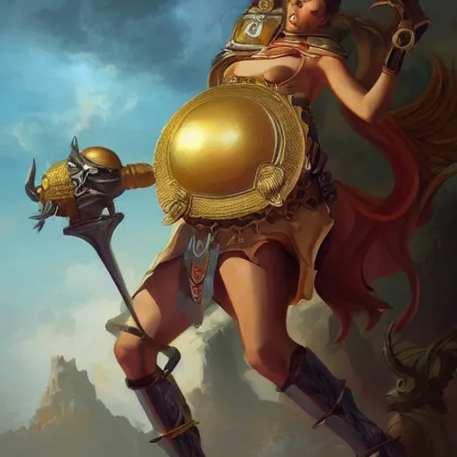 Prompt: Athena of Abyssinia, defeats Chronos with gold throwing disc, by Peter Mohrbacher:5 Trending on Artstation:5