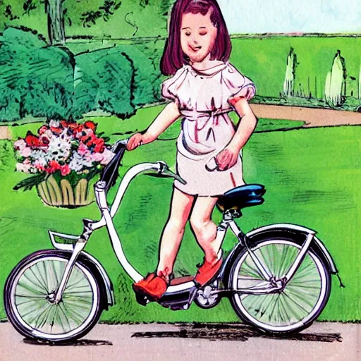 Prompt: a girl with uk folding brompton bike in a garden, comics painting, by eisner will