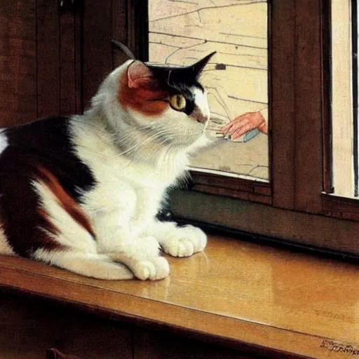 Prompt: A very content calico cat sitting on a wooden table looking out a window, artist is Norman Rockwell,