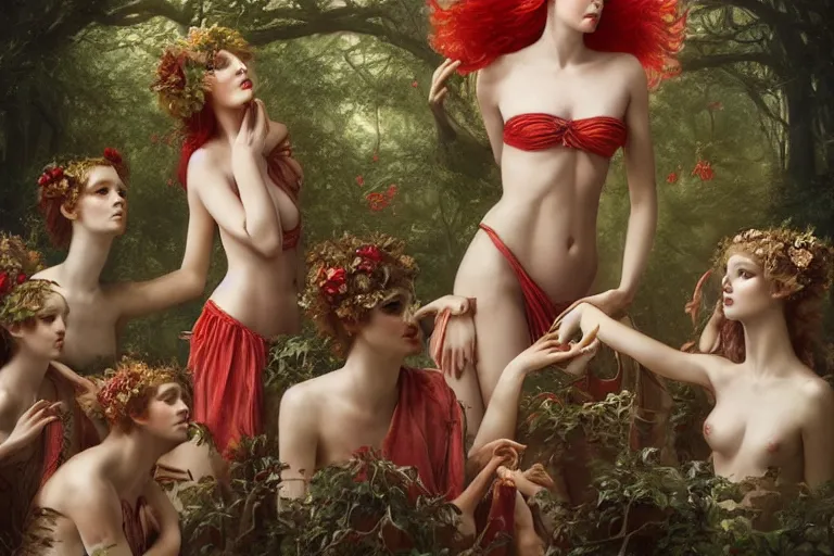 Prompt: the goddess of red solo cups surrounded by a court of nymphs, by tom bagshaw peter kemp, beautiful highly symmetric faces