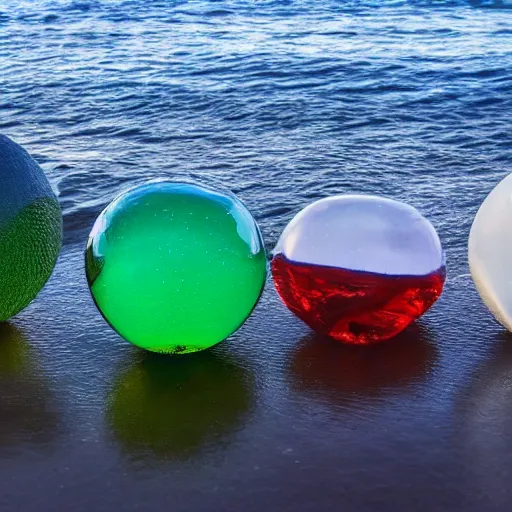 Prompt: three spheres made of glass falling into ocean. water is splashing. sun is setting.