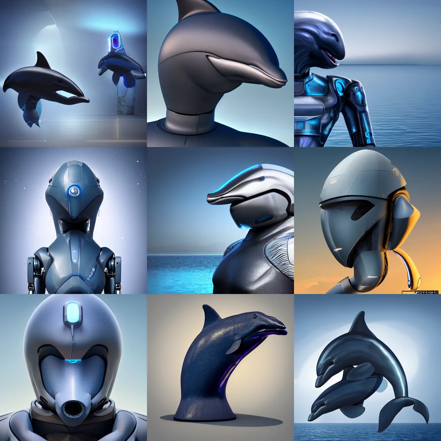 Prompt: robotic anthro dolphin, integrated synthetic cetacean hybrid android, dark opaque visor over top of face, short wide bulbous bottlenose snout, smooth round shapes, all dark blue metal, male, commission on furaffinity, cgsociety, octane render, sea in background