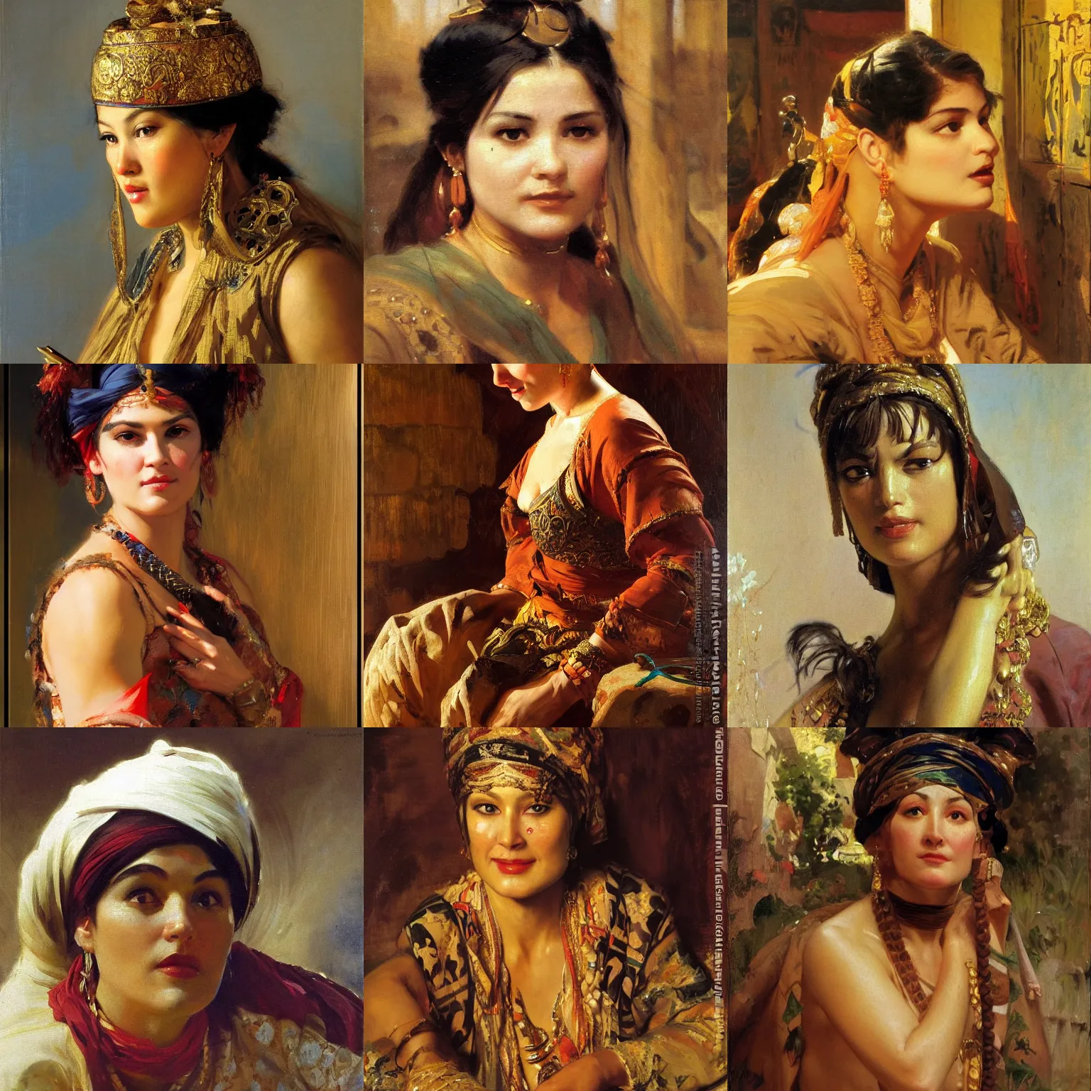 Prompt: orientalism painting of an arrogant smirking smug female thief cute face detail by theodore ralli and nasreddine dinet and anders zorn and nikolay makovsky and edwin longsden long, bronze age, sword and sorcery, oil on canvas, masterful intricate artwork, excellent lighting, high detail 8 k