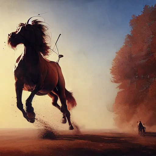 Prompt: horse on man, the man is carried by the horse, hyperrealism, no blur, 4 k resolution, ultra detailed, style of ron cobb, adolf hiremy - hirschl, syd mead, ismail inceoglu, rene margitte