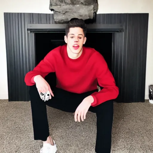 Image similar to pete davidson sitting on a white couch by a fireplace blowing kisses