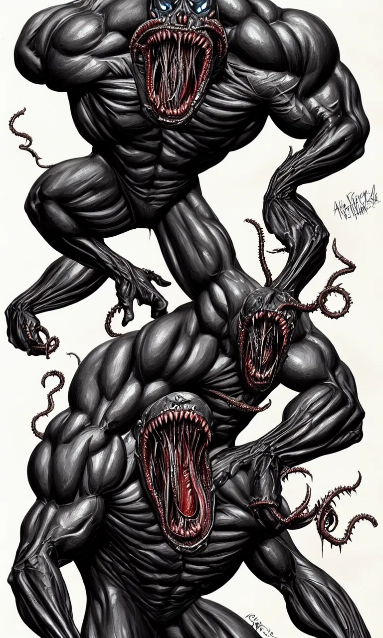 Image similar to hyper realistyc anatomically acurate full body long shot of bodybuilder venom from marvel comics!!!!, large mouth with teeth, lovecraftian horror, fantasy, intricate, elegant, highly detailed, digital painting, artstation, concept art, matte, sharp focus, illustration, art by glenn fabry