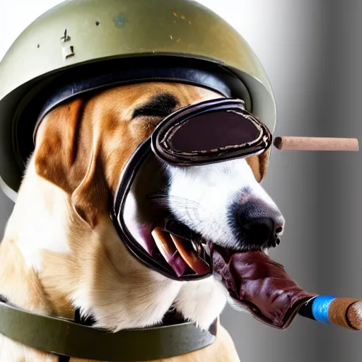 Image similar to dog with military helmet and cigar in mouth