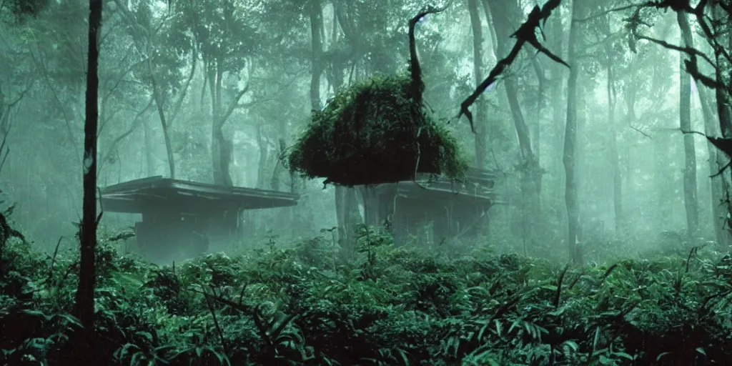 Prompt: film still of a dark research outpost in a moist foggy jungle, science fiction, ridley scott, lights through fog, futuristic outpost building, wet lush jungle landscape, dark sci - fi, 1 9 8 0 s, ridley scott