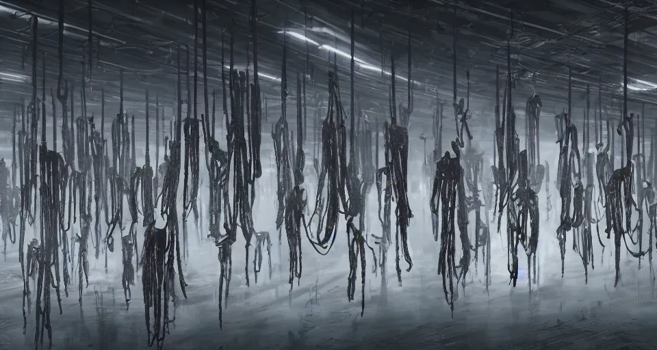 Prompt: illustration of rows of limp bodies hanging on hooks in a cold warehouse, products, rolling fog, cyberpunk, dystopian, dramatic lighting, unreal engine 5