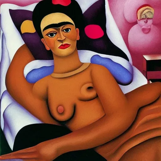 Image similar to frida kahlo wrapped in bandages lying in a hospital bed with paint set painting on the bandages, tubes and equipment around the bed by fernando botero