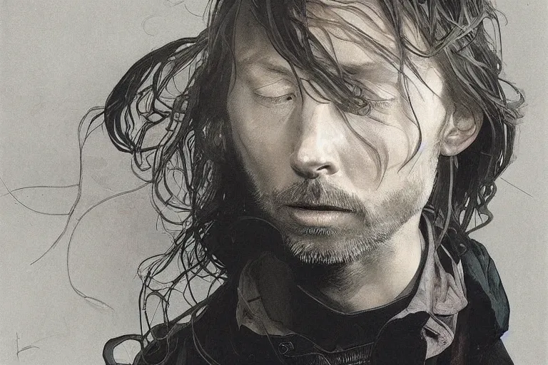 Image similar to hyper realistic portrait of thom yorke singer songwriter, side, liminal space, by lee bermejo, alphonse mucha and greg rutkowski