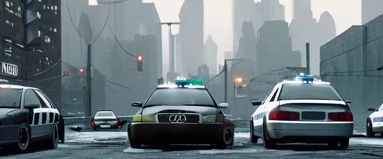 Prompt: NYPD cop cars chasing a Audi A4 B6 Avant (2002), a gritty neo-noir, dramatic lighting, cinematic, establishing shot, extremely high detail, photorealistic, cinematic lighting, artstation, by simon stalenhag, Max Payne (PC) (2001) winter new york, eldritch horror, police car chase