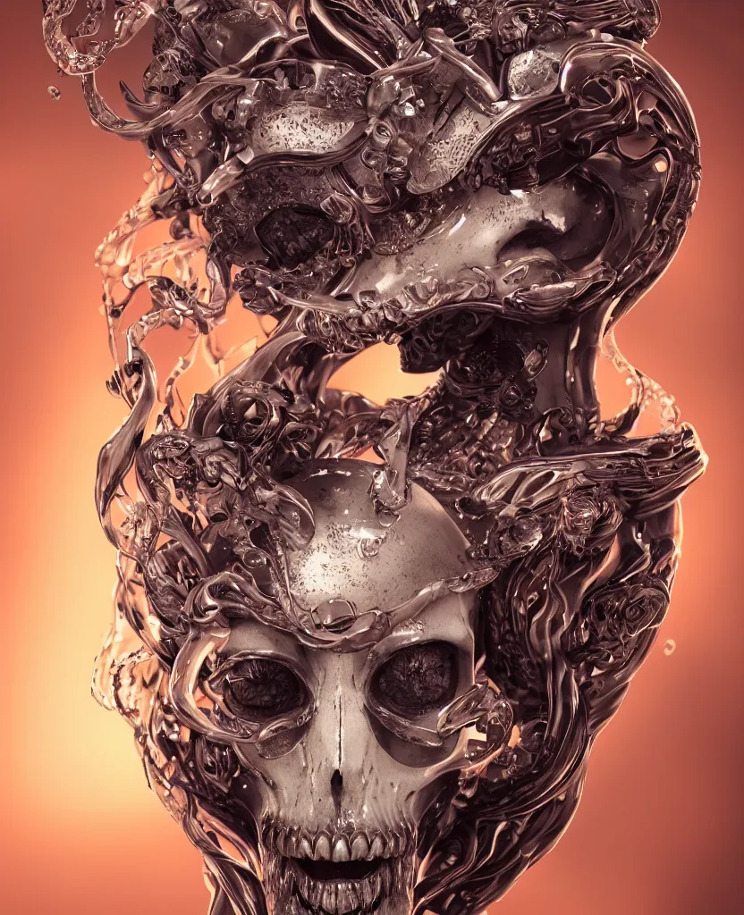 Image similar to close-up macro portrait of the face of a beautiful princess with animal skull mask, epic angle and pose, symmetrical artwork, 3d with depth of field, blurred background, cybernetic jellyfish female face skull phoenix bird, translucent, nautilus, energy flows of water and fire. a highly detailed epic cinematic concept art CG render. made in Maya, Blender and Photoshop, octane render, excellent composition, cinematic dystopian brutalist atmosphere, dynamic dramatic cinematic lighting, aesthetic, very inspirational, arthouse. y Greg Rutkowski, Ilya Kuvshinov, WLOP, Stanley Artgerm Lau, Ruan Jia and Fenghua Zhong