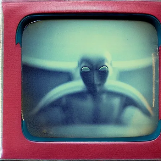 Prompt: vintage polaroid of a roswell grey alien sighting, warm azure tones, red color bleed, film grain