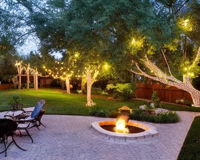 Image similar to a beautiful residential backyard with a pool, mature trees, and lots of shade lit by hanging strands of lights at night.