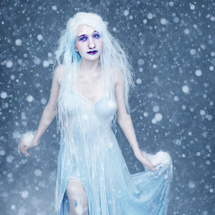 Image similar to a sickly looking young woman dying of hypothermia, with very white skin and pale blue hair wearing a long white dress made out of snowflakes in the middle of a heavy snowstorm. pale cold blue lips. full body digital portrait by maromi sagi