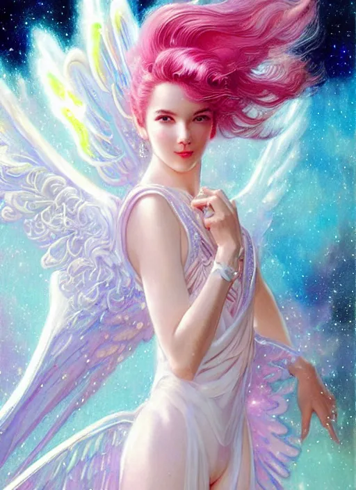 Image similar to closeup harmony of pink haired angel beautiful yoongi wearing white sparkly shiny greek clothes, muted colors, nebula background, neon sparkles everywhere, big wings, dynamic hair movement, + + + + + + dynamic pose, holographic space, glowing effect, j. c leyendecker, by alan lee, wlop! illustrated by starember, fantasy art by craig mullins