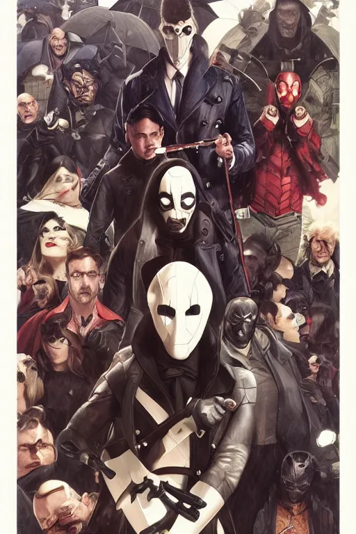 Prompt: the Umbrella Academy, superheroes, gothic masks, superhero suits, movie poster, highly intricate, cinematic lighting, realistic faces, highly detailed, digital painting, artstation, concept art, cel-shaded, smooth, sharp focus, illustration, art by artgerm and greg rutkowski and alphonse mucha