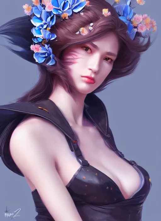 Image similar to female wyvern, wide angle view, flowers, blue black pink, gold, diamonds, highly detailed, artgerm, cushart krenz, artstation, soft light, sharp focus, illustration, character design, concept art