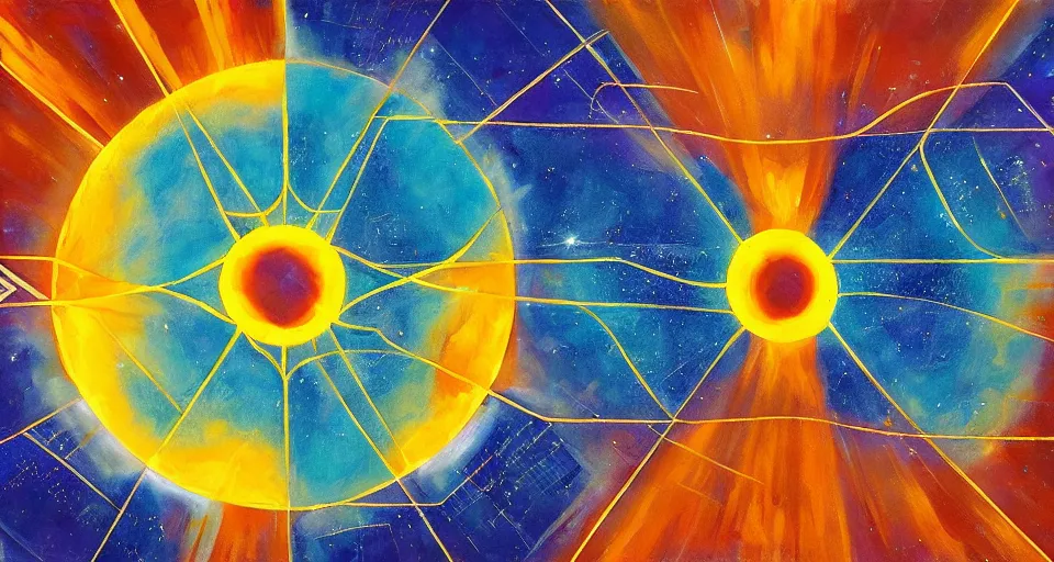 Image similar to hexagonal solar sail in space between the sun and earth, art deco painting