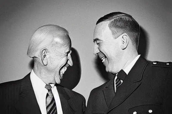 Image similar to “ very very intricate photorealistic photo of hitler and joe biden laughing together, detailed natural lighting, award - winning crisp details ”