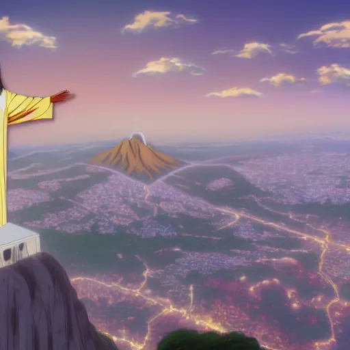 Image similar to Christ the Redeemer smiling, animation, anime, cartoon, concept art