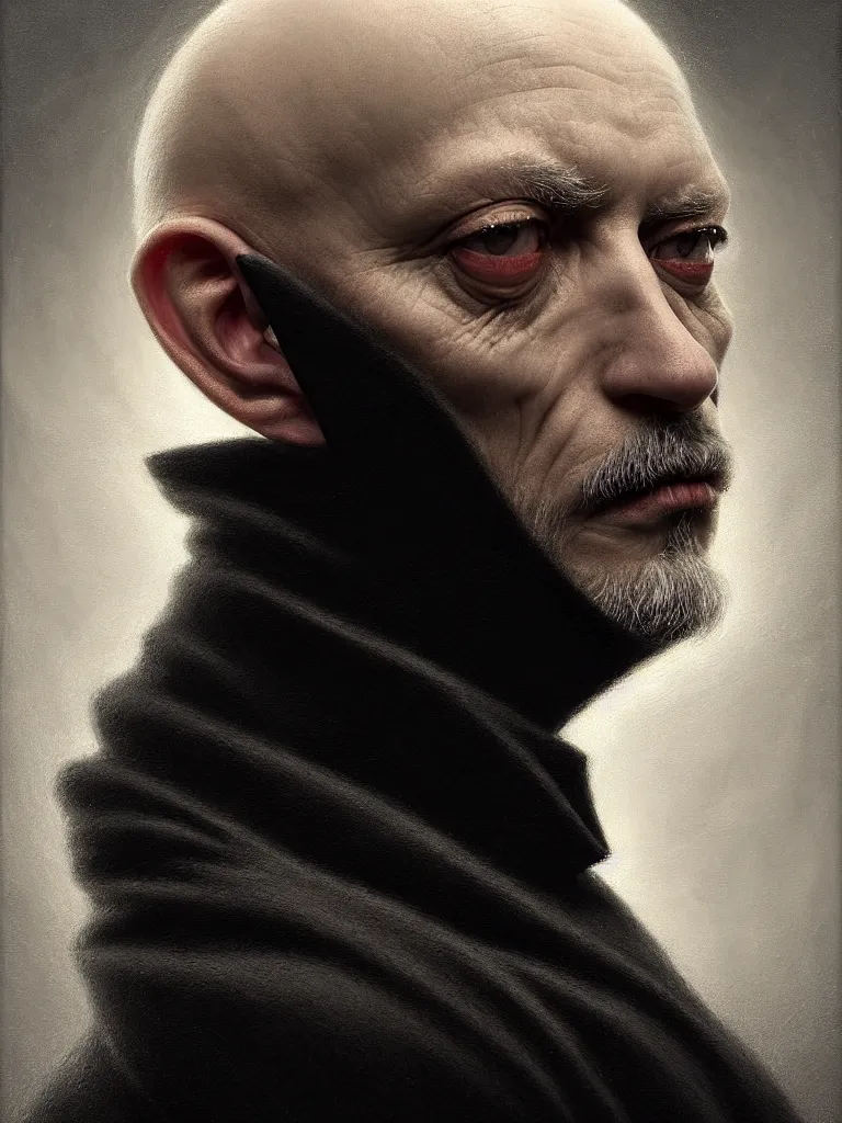 Prompt: face centered, fine art portrait of a bald man in a black coat, by paolo roversi, symmetry, intricate, elegant, highly detailed, digital art, artstation, smooth, sharp focus, tomasz alen kopera, peter mohrbacher, donato giancola, tonal colors