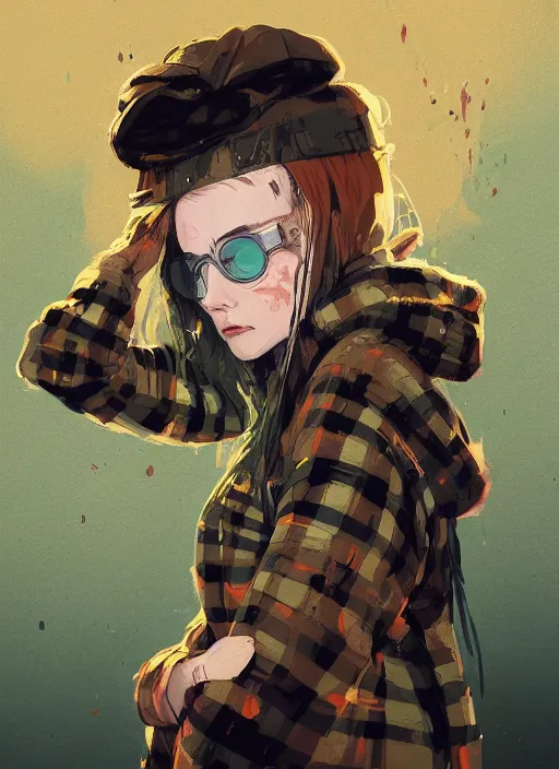 Image similar to highly detailed portrait of a cloudpunk young seattle lady, tartan hoody, by atey ghailan, by greg rutkowski, by greg tocchini, by james gilleard, by joe fenton, by kaethe butcher, gradient green, brown, blonde crea, orange, brown and white color scheme, grunge aesthetic!!! ( ( graffiti tag wall background ) )