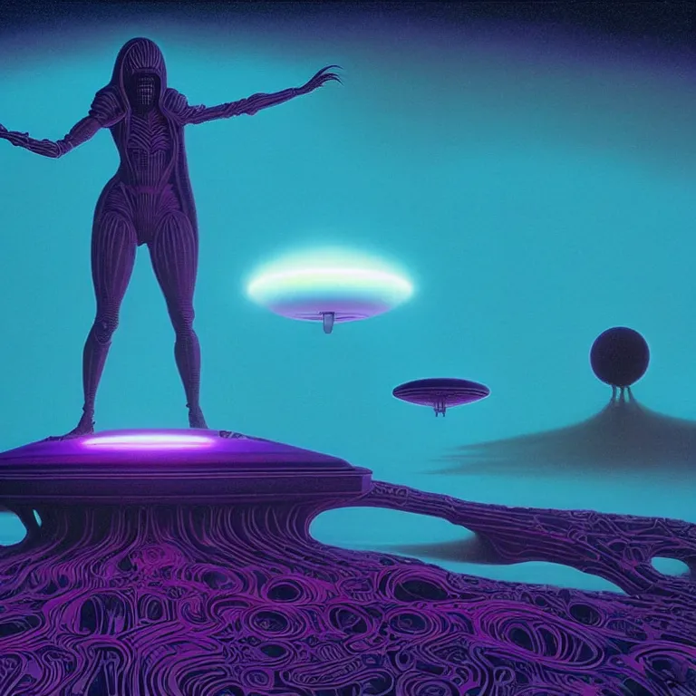 Image similar to spooky ufo hovers over female silhouette, ( ( synthwave ) ) ( ( fractal waves ) ), bright neon colors, highly detailed, cinematic, tim white, roger dean, michael whelan, caza, bob eggleton, philippe druillet, vladimir kush, kubrick, alfred kelsner, vallejo