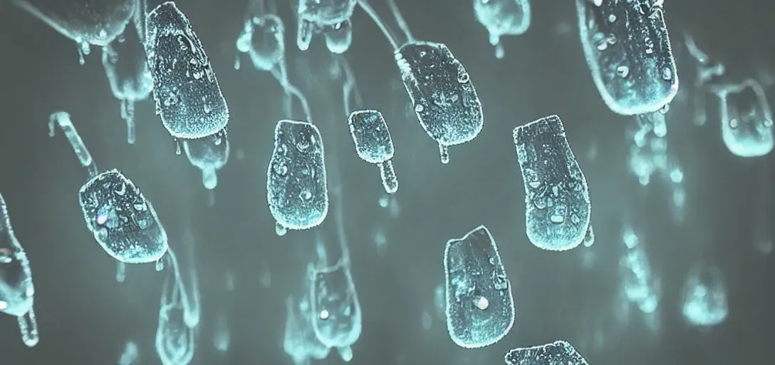 Prompt: “ a field light blue dew drops, body horror humans shown in reflections, dramatic backlit lighting, incredible quality, macro bokeh ”