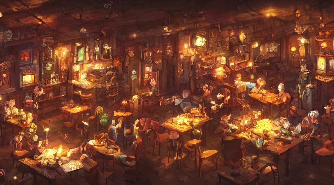 Image similar to A multidimensional cozy tavern, screenshot from anime hidden object game, cinematic lighting, epic composition, cartoon, animation, background art, post processing, 8K resolution