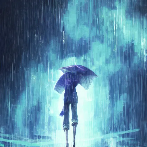 Prompt: a blue haired boy standing in the rain. character design. gesture drawing. line of action. official art, concept art. tetsuya nomura. final fantasy. shigenori soejima ray tracing hdr. 8 k. uhd. sharp focus. close up. highly detailed. masterpiece. cinematic lighting..