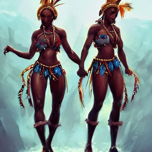 Image similar to beautiful Zulu goddesses holding hands, focused, worried, highly detailed, artstation, concept art, sharp, illustration, art by artgerm and Ross Tran