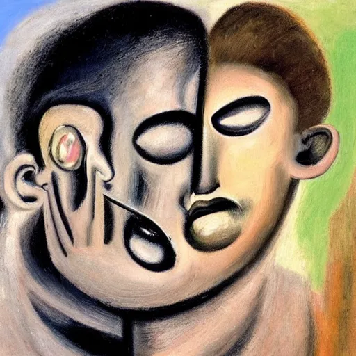 Image similar to Oil painting by Roberto Matta. Two mechanical gods kissing. Close-up portrait by Marlene Dumas. Dali.