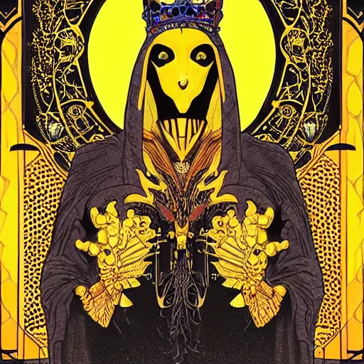 Prompt: a majestic portrait of the king in yellow, in front of a fantasy city, with black suns in the sky, intricate, dark colors, art nouveau