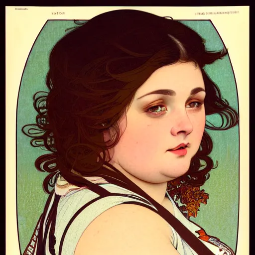 Image similar to A portrait of a plump woman, a cute art neuveau woman with brown hair in a Bob, no bangs, brown eyes, full face, olive skin, romanian heritage, medium shot, mid-shot, hyperdetailed, 8k, by mucha