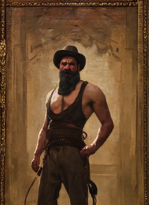 Image similar to Old west circus strongman (rdr2). Iranian orientalist portrait by john william waterhouse and Edwin Longsden Long and Theodore Ralli and Nasreddine Dinet, oil on canvas. Cinematic, hyper realism, realistic proportions, dramatic lighting, high detail 4k