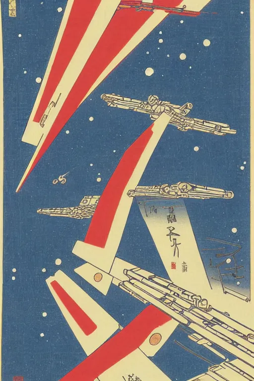 Prompt: Japanese woodblock print of a Star Wars X-Wing , Hokusai