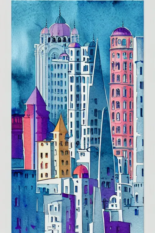 Image similar to minimalist colorful watercolor line art of istanbul, art deco, cityscape, matte drawing, poster art