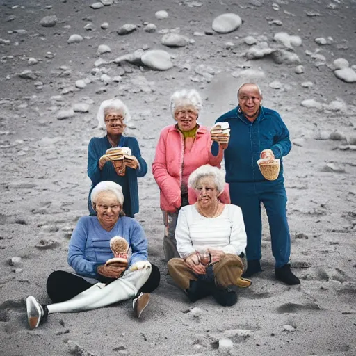 Image similar to an group of elderly people on the surface of the moon, 🌕, 🍦, eating ice - cream, canon eos r 3, f / 1. 4, iso 2 0 0, 1 / 1 6 0 s, 8 k, raw, unedited, symmetrical balance, wide angle