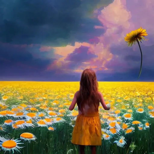 Image similar to head made of giant daisies, girl standing barefoot in a flower field, arms behind back, surreal photography, sunrise dramatic light, impressionist painting, colorful clouds, large sky, digital painting, artstation, simon stalenhag, flower face