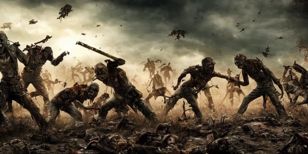 Image similar to epic battle scene of zombies, post-apocalyptic, post-human, Epic Background, highly detailed, sharp focus, 8k, 35mm, cinematic lighting