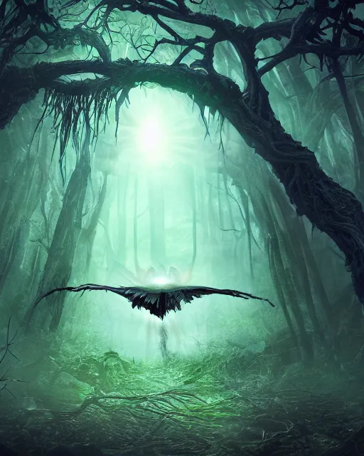 Prompt: a dementor flying through a ravenous, horrific portal to hades embedded in a creepy tree in a densely overgrown, magical jungle, fantasy, dreamlike sunraise, stopped in time, dreamlike light incidence, ultra realistic