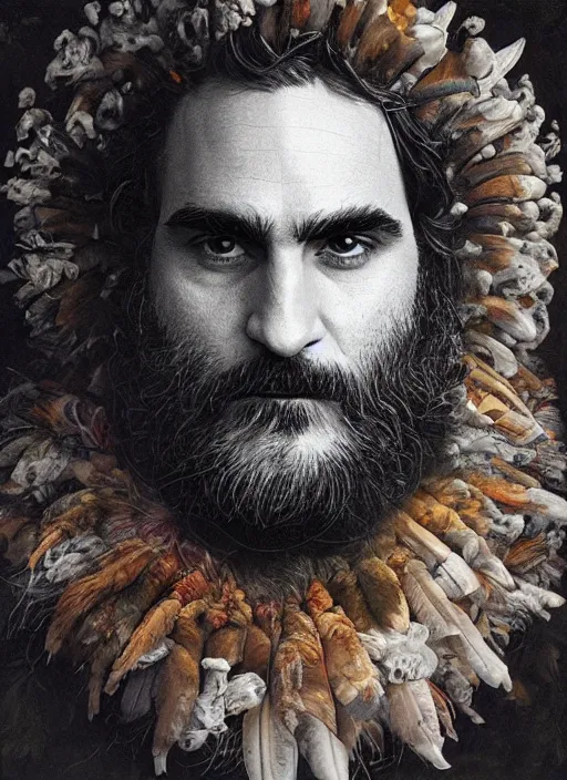 Image similar to a hyper detailed portrait of joaquin phoenix with a crown made of animals, cow horns, sheep wool, chicken feather armor, majestic, angelic, by anna podedworna, by miklos ligeti, by diego maricato, by taran fiddler, by antonino truisi, by chris reddie, by jinsung lim, trending on artstation