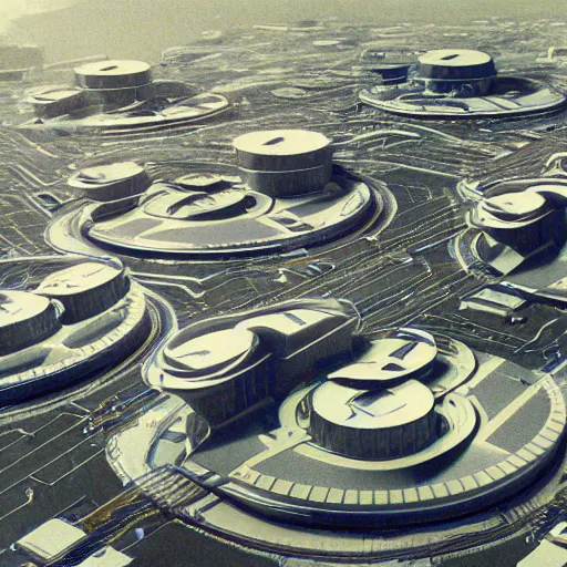 Image similar to an aerial view of a space colony. style: retro futurism