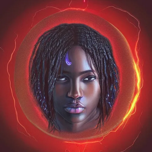 Prompt: “sango God of thunder plaited hair lightning facial details proportionate dark skinned symmetrical digital art oil painting”