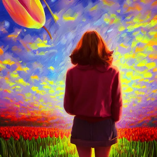 Image similar to large tulip in front of face, girl standing in a flower field, surreal photography, sunrise dramatic light, impressionist painting, colorful clouds, digital painting, artstation, simon stalenhag, flower face